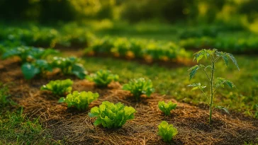 Création potager en pleine terre avec jeunes plants de salades, tomates et courgettes, paillage clair, lumière du matin, jardin naturel et accessible.
