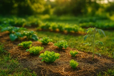 Création potager en pleine terre avec jeunes plants de salades, tomates et courgettes, paillage clair, lumière du matin, jardin naturel et accessible.