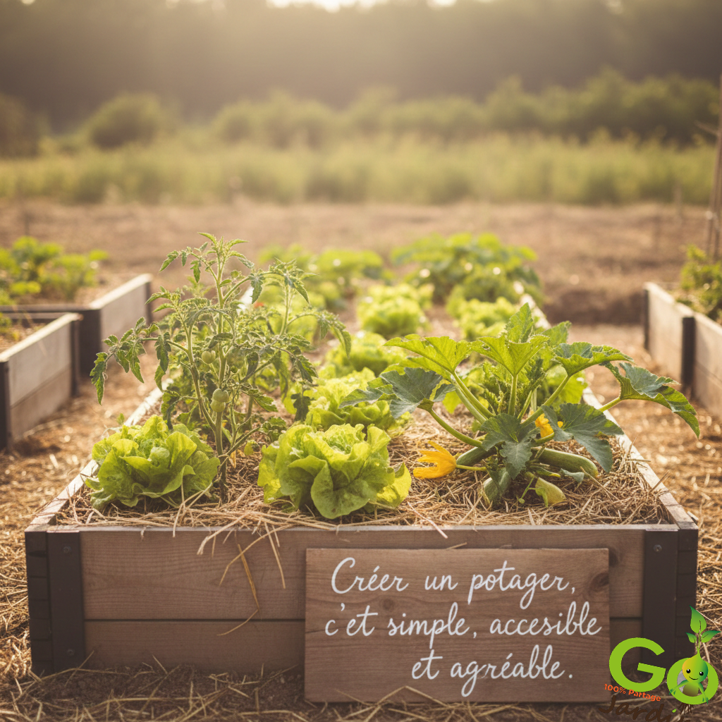 Potager avec jeunes légumes et paillage — création potager facile.