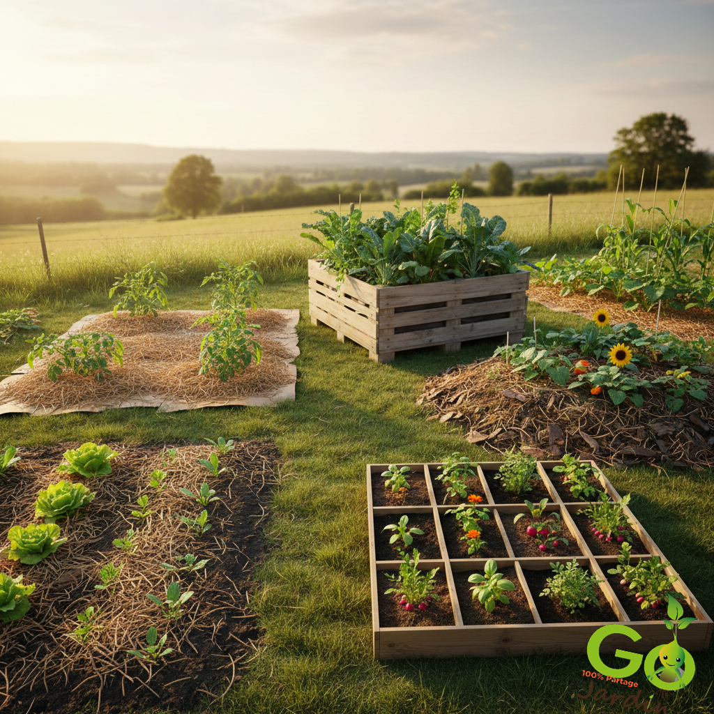 Illustration des différents types de potager : pleine terre, sur pelouse, potager surélevé en palettes, potager en carrés, buttes en permaculture, guide création potager.