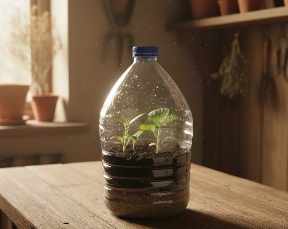 Mini serre maison fabriquée avec une boîte de récupération, semis en intérieur, style zéro déchet