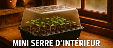 Mini serre d’intérieur avec 24 godets et jeunes semis en janvier, ambiance maison de campagne rustique