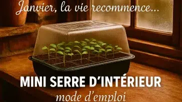 Mini serre d’intérieur avec 24 godets et jeunes semis en janvier, ambiance maison de campagne rustique