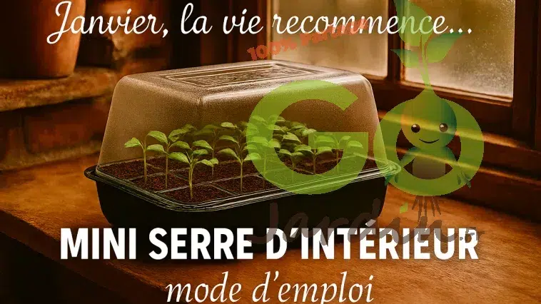Mini serre d’intérieur avec 24 godets et jeunes semis en janvier, ambiance maison de campagne rustique