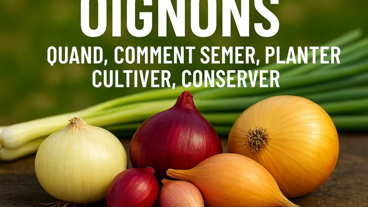 plusieurs variétés d’oignons (rouges, jaunes, blancs) fraîchement récoltés, posés sur une table en bois avec tiges vertes, en arrière-plan d’un potager bio.