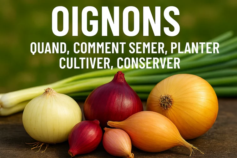 plusieurs variétés d’oignons (rouges, jaunes, blancs) fraîchement récoltés, posés sur une table en bois avec tiges vertes, en arrière-plan d’un potager bio.