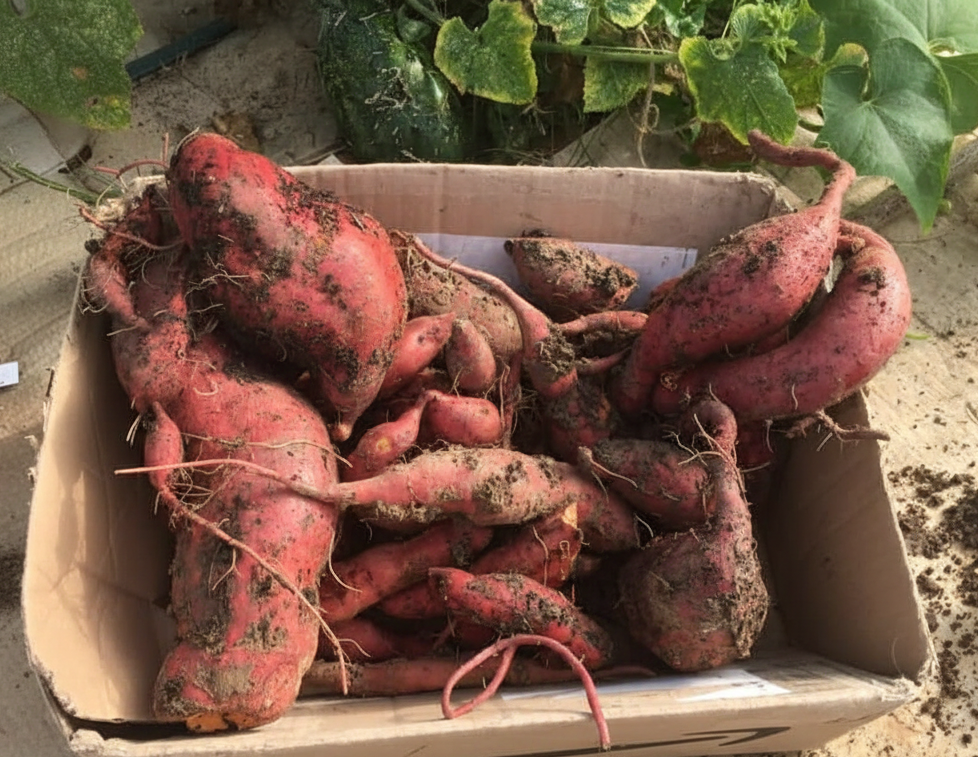 Récolte de patates douces : tubercules sortis du sol avec une fourche-bêche, peau intacte et terre meuble