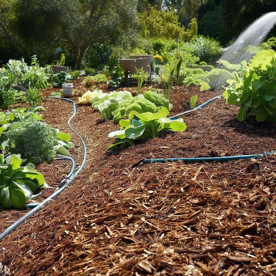 Potager paillé où les allées et les planches sont couvertes de matière organique