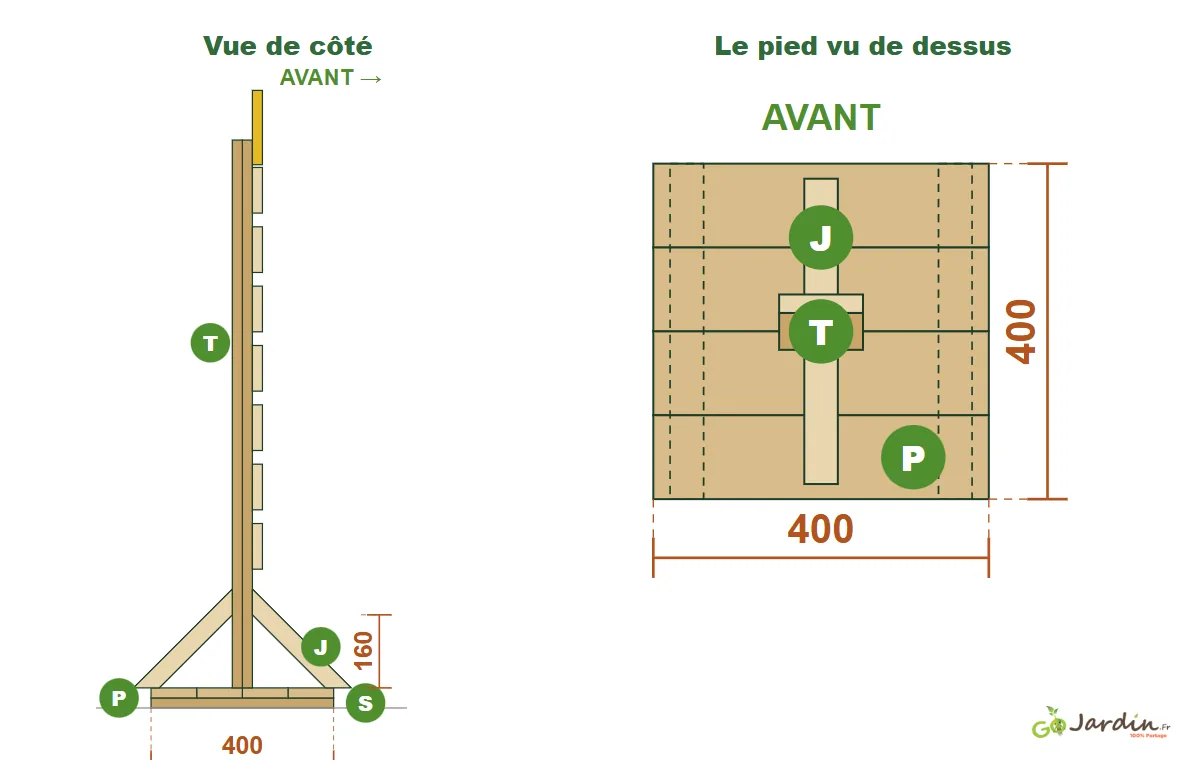 Pied du sapin en palette : vue de côté avec les jambes de force et plateau vu de dessus
