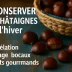 Panier et châtaignes fraîches sur fond rustique bleu, illustration des méthodes de conservation : congélation, séchage, bocaux et astuces gourmandes